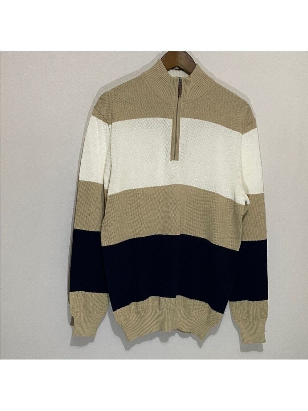 Men's Club Room Quarter Zip Beige and Navy Striped Sweater Medium